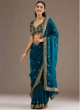 Embroidered Work Tissue Classic Saree in Teal for Women